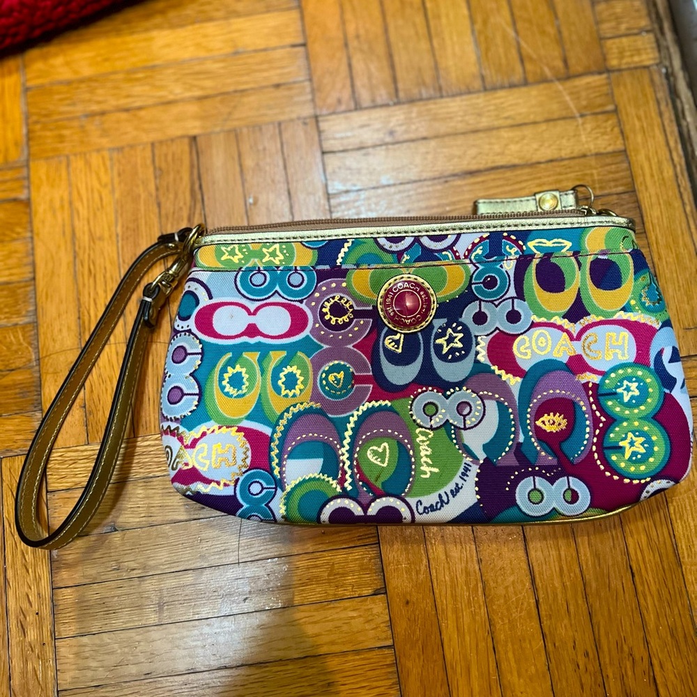 Coach wristlet nylon with gold accents colorful